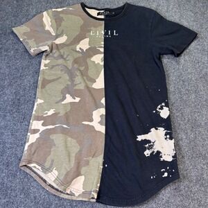 Civil Regime Mens Camo Split Paint Splatter Curved Hem T-Shirt Large Black Green